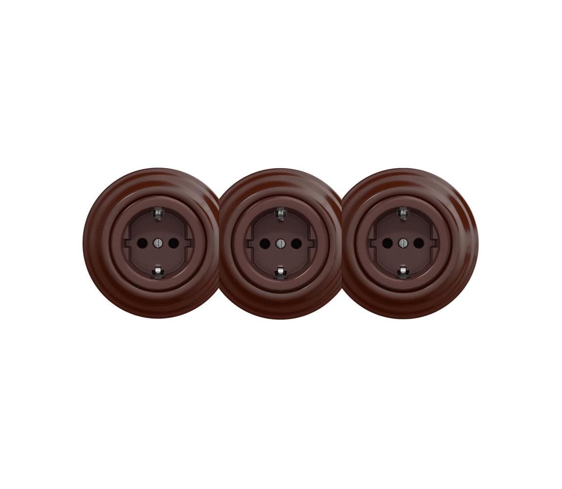 Reblig - Trojitá retro domová zásuvka s rámčekom SCHUKO 230 V hnedá RG0036+2xRG0035+3xRG0109