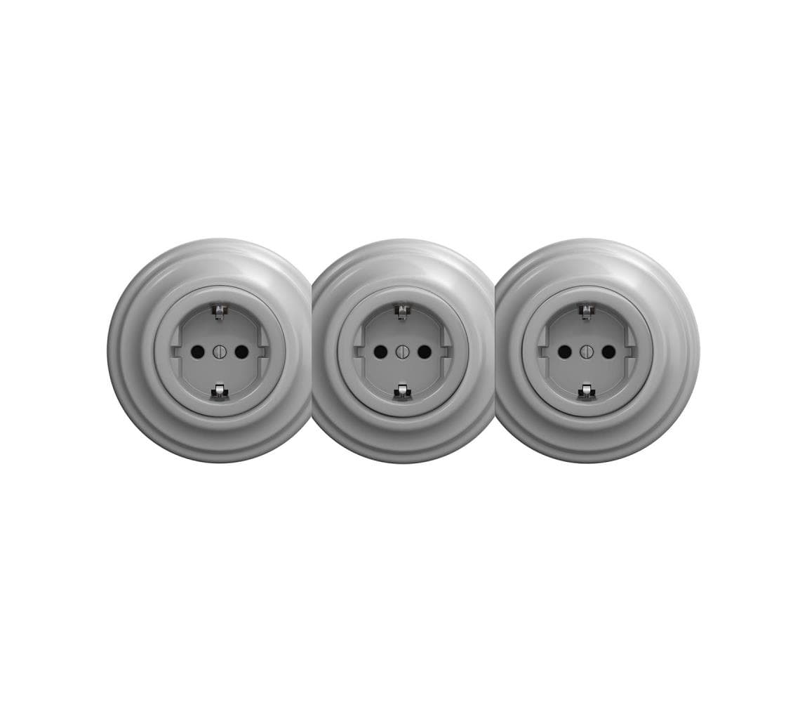 Reblig - trojitá retro zásuvka do domácnosti s rámikom SCHUKO 230 V, sivá RG0054+2xRG0053+3xRG0111