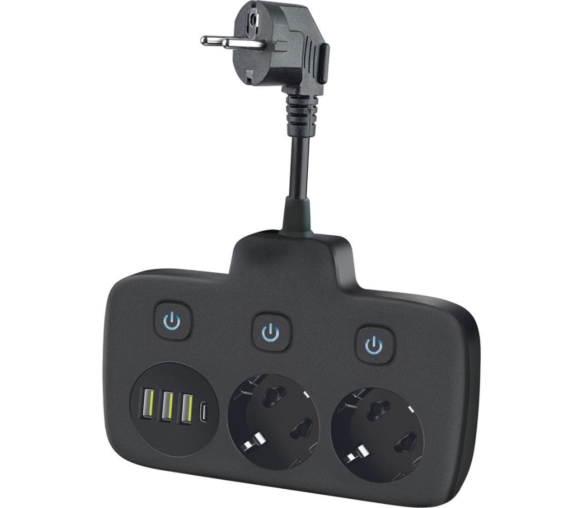 Rozbočovacia zásuvka s vypínačom LINEA 2x230V + 4xUSB A/C SCHUKO čierna KGLFZW2U4D2C