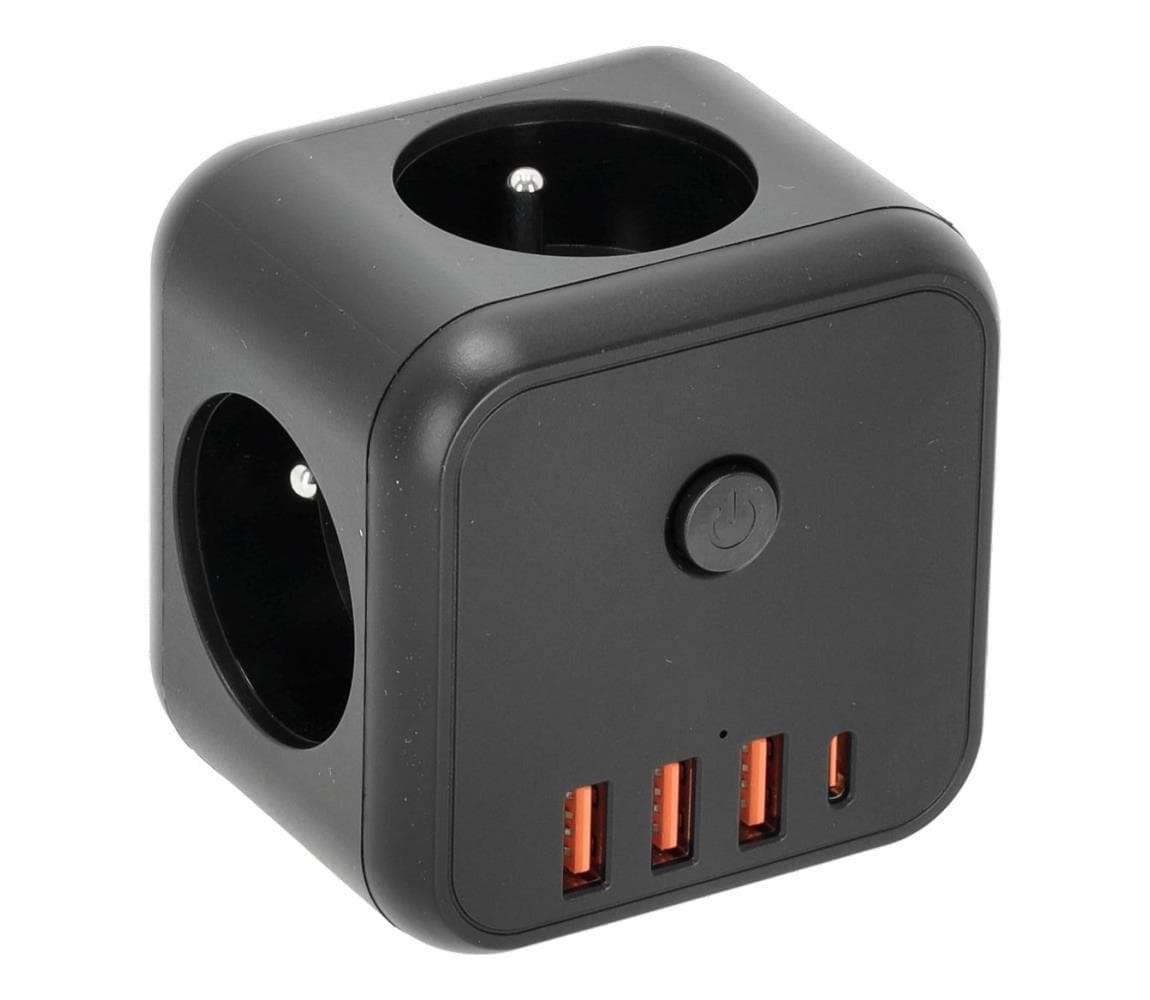 Rozbočovacia zásuvka s vypínačom LINEA 3x230V + 4xUSB A/C čierna KGLCZW3U4C