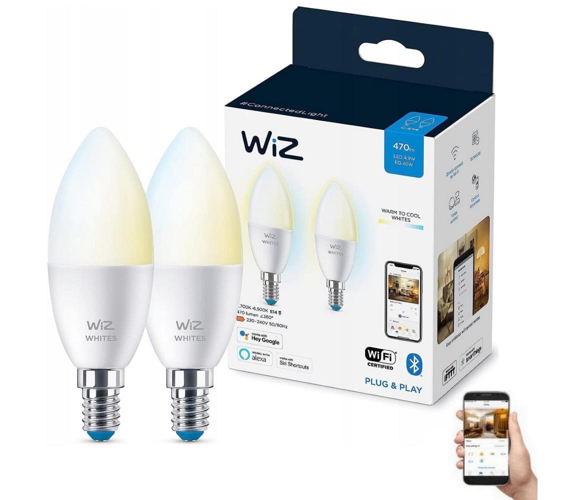 SADA 2x LED Stmievateľná žiarovka C37 E14/4,9W/230V 2700-6500K CRI 90 Wi-Fi - WiZ 871951455133600