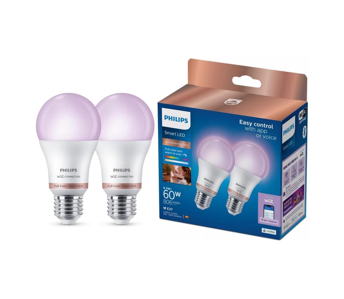 SADA 2x stmievateľné LED žiarovky Philips SMART A60 E27/8,5W/230V 2200-6500K 8720169171060