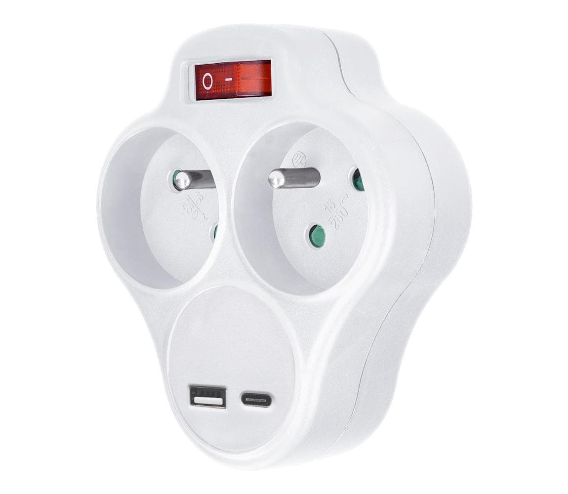 P99USBC-PD20-Rozboč. zásuvka s USB A+C nabíjačkou a vypínačom 2x10A biela P99USBC-PD20