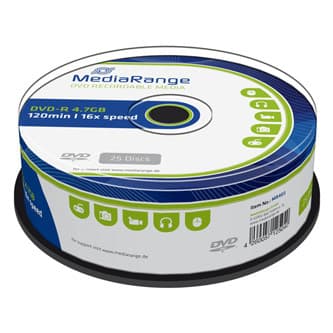 Mediarange DVD-R, MR403, 4.7GB, 16x, cake box, 25-pack, bez možnosti potlače, 12cm, Standard, pre archiváciu dať