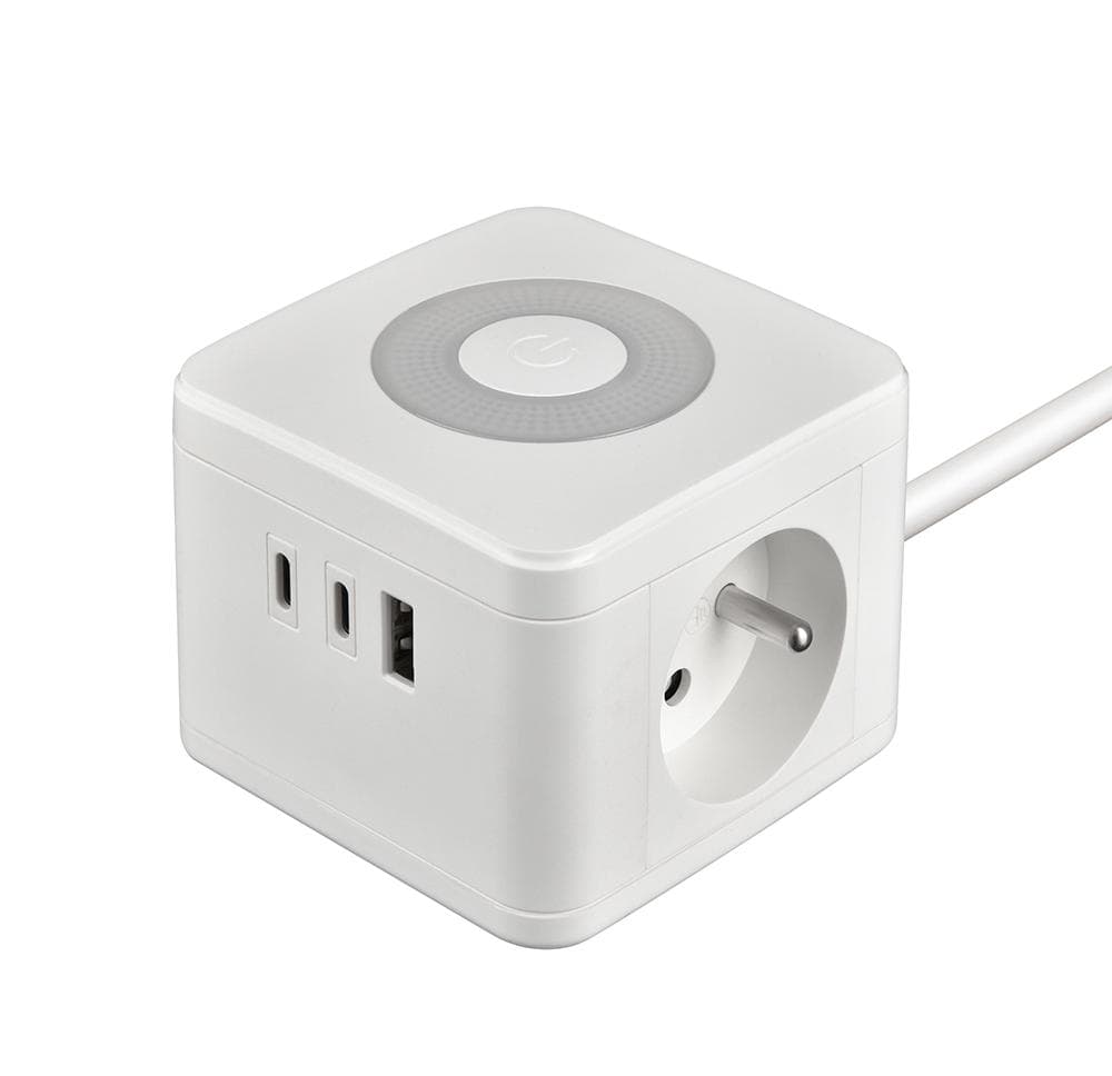 Sieťový adaptér VIKING YC23L, biela/Output:2xAC,1xUSB-A,2xUSB-C/dotykové svetlo/1,4m kábel