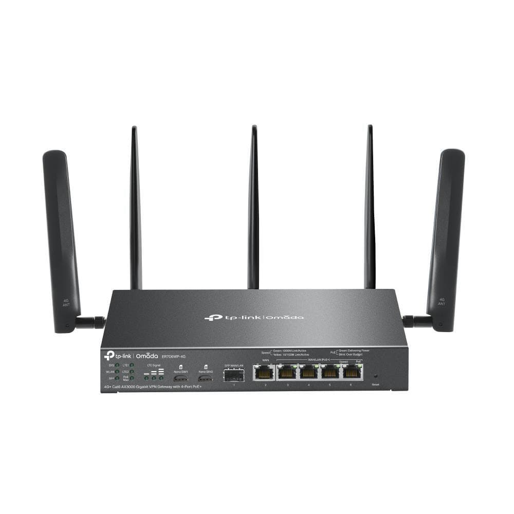 TP-Link ER706WP-4G OMADA VPN 4G+Cat6 router (AX3000, 1xSFP WAN/LAN, 1xGbEWAN, 4xGbELAN/WAN, 4xPoE+, 45W, 2xnanoSIM)