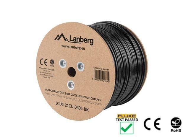 LANBERG LAN KÁBEL CAT.5E UTP 305M PEVNÝ VONKAJŠÍ CU ČIERNY FLUKE PASS