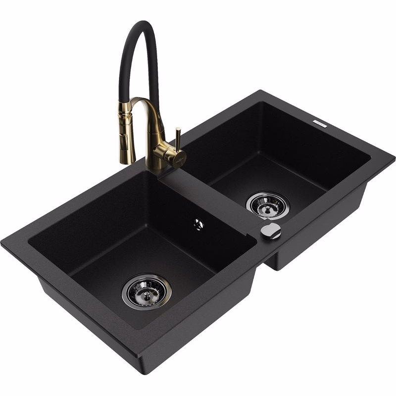 MEXEN/S MEXEN/S - Mario granitový drez 2-bowl vrátane batérie Aster, čierna 6504-77-73450-57-B