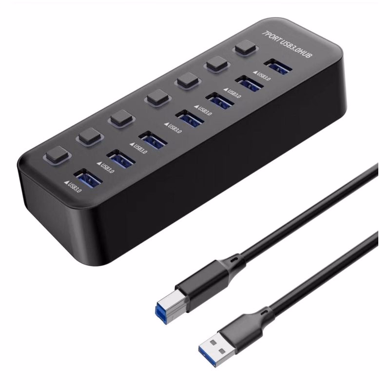 PREMIUMCORD Hub USB 3.2, 7-portový s vypínačmi portov, 5G SuperSpeed, Čierna