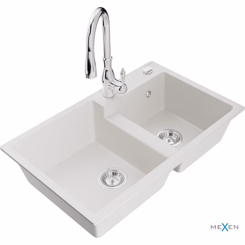MEXEN/S MEXEN/S - Tomas granitový drez 2-bowl vrátane batérie Savita, biela 6516-20-672601-00