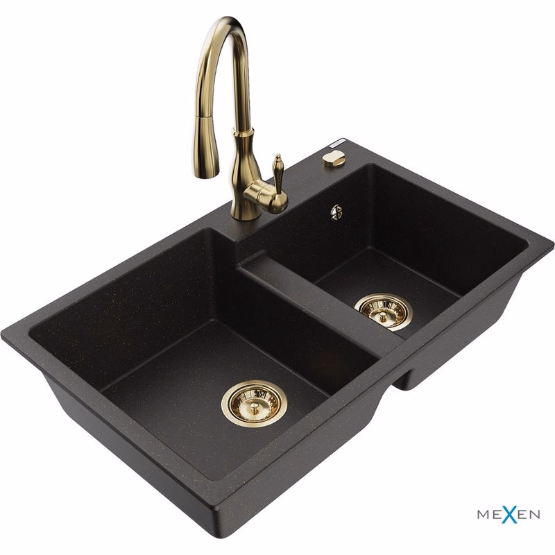 MEXEN/S MEXEN/S - Tomas granitový drez 2-bowl vrátane batérie Savita, čierna/zlatá metalik 6516-75-672601-50