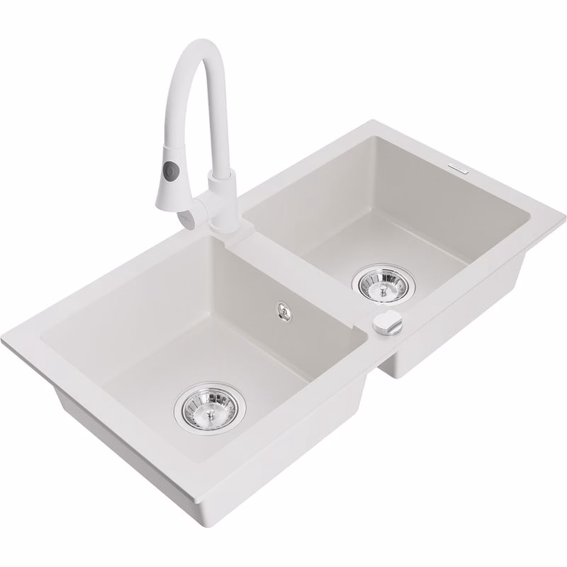 MEXEN/S MEXEN/S - Mario granitový drez 2-bowl vrátane batérie Elia, biela 6504-20-670101-20