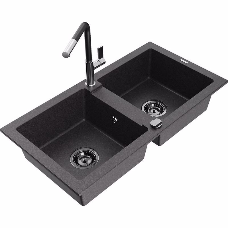 MEXEN/S MEXEN/S - Mario granitový drez 2-bowl vrátane batérie Flora, čierna kropenatá 6504-76-670401-07-B
