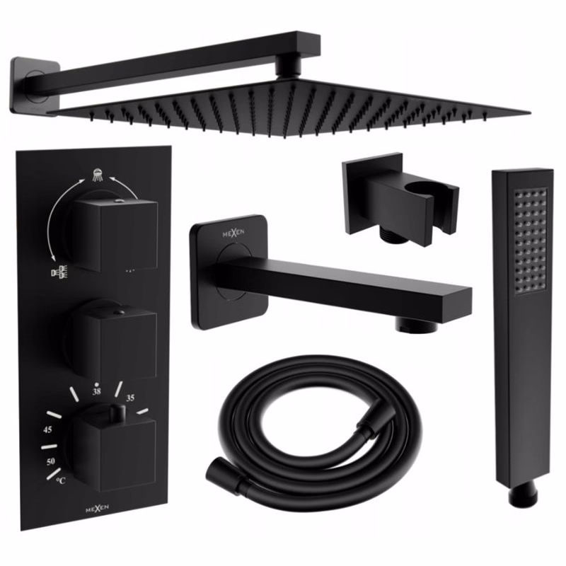 MEXEN/S - Cube DR02 podomietkový vaňový SET s vytokovou hubicou + slim sprcha 30, čierny 77503DR0230-70