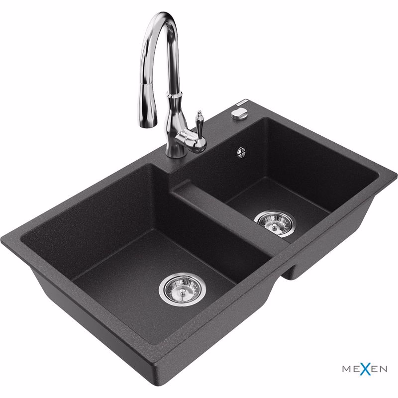 MEXEN/S MEXEN/S - Tomas granitový drez 2-bowl vrátane batérie Savita, čierna kropenatá 6516-76-672601-00