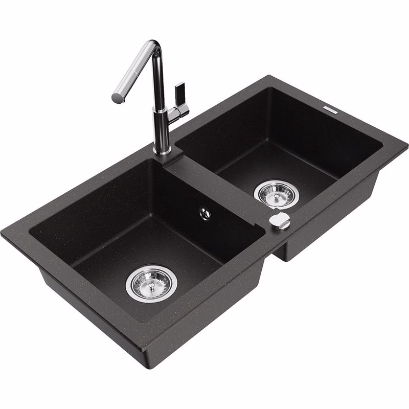 MEXEN/S MEXEN/S - Mario granitový drez 2-bowl vrátane batérie Flora, čierna/zlatá metalik 6504-75-670401-00
