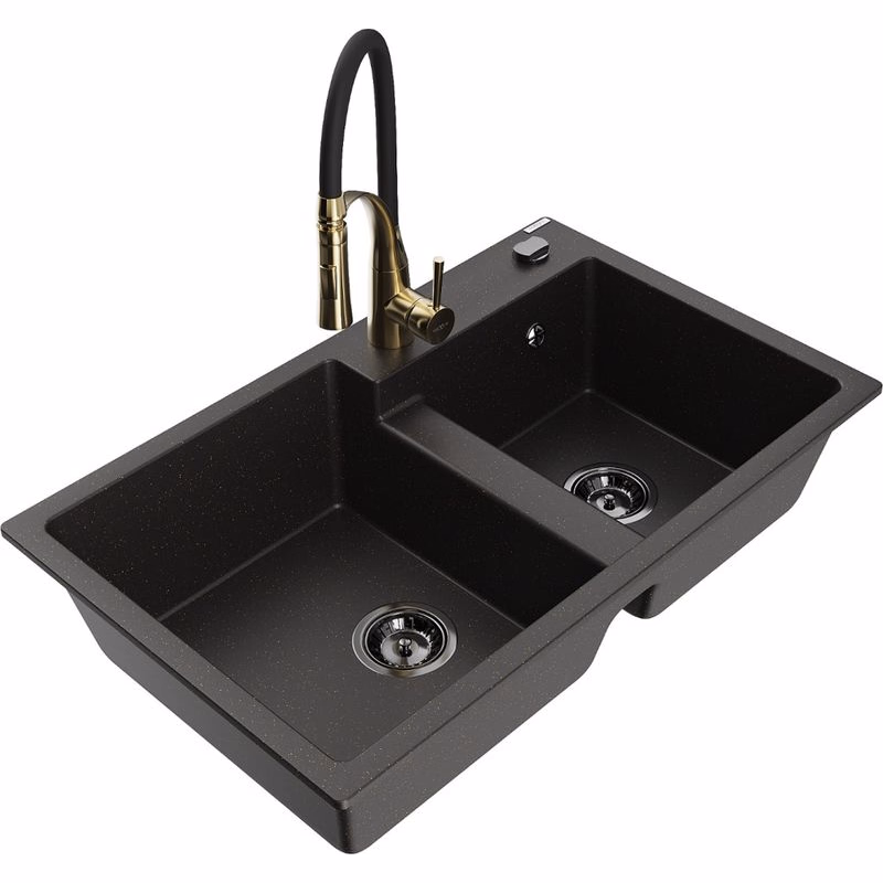 MEXEN/S MEXEN/S - Tomas granitový drez 2-bowl vrátane batérie Aster, čierna/zlatá metalik 6516-75-73450-57-B