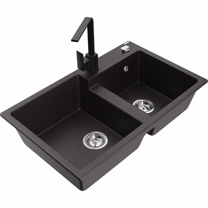 MEXEN/S MEXEN/S - Tomas granitový drez 2-bowl vrátane batérie Rita, čierna/zlatá metalik 6516-75-670300-70