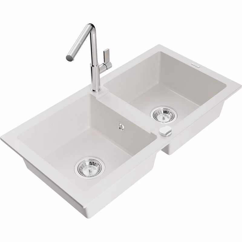 MEXEN/S MEXEN/S - Mario granitový drez 2-bowl vrátane batérie Flora, biela 6504-20-670401-00