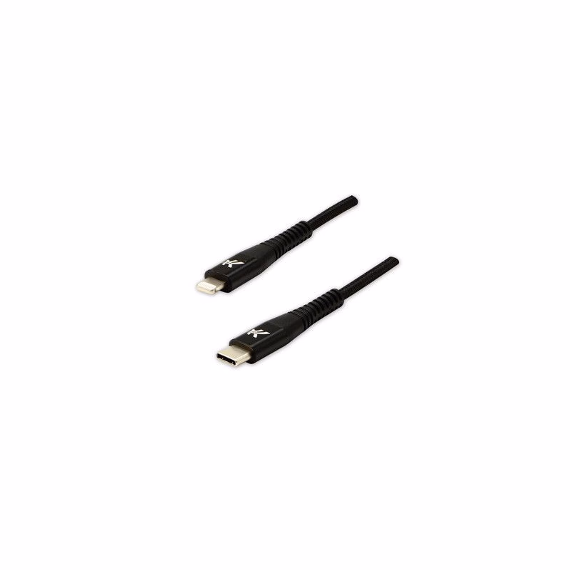Logo USB kábel (2.0), USB C samec - Apple Lightning samec, 2m, MFi certifikácia, 5V/3A, černý, box, nylonové opletenie, hliníkový