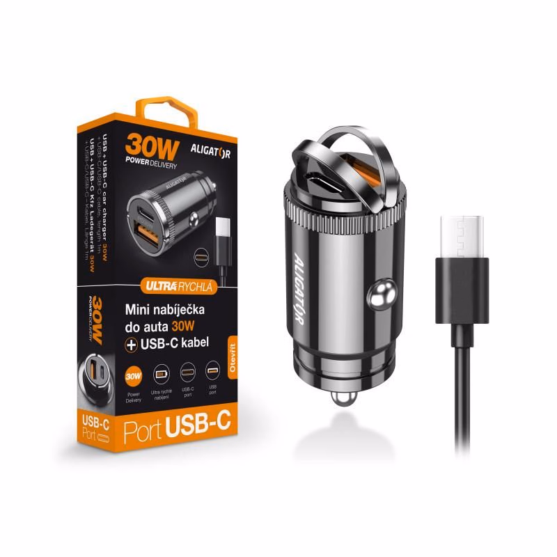 Aligator mini nabíjačka do auta Power Delivery 30W, USB-C + USB-A, USB-C/USB-C kábel