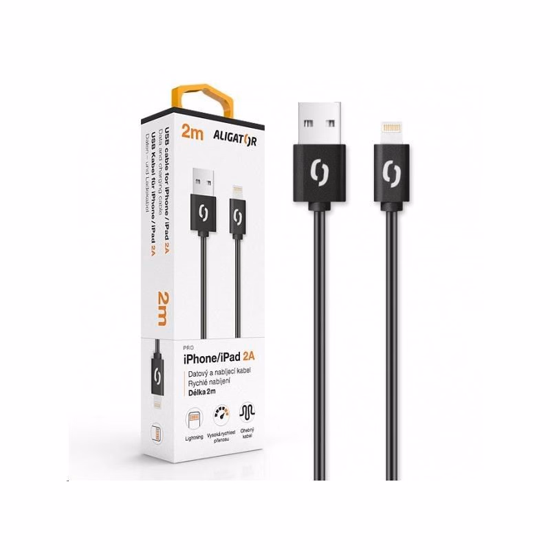 Aligator dátový a nabíjací kábel, konektor Lightning, 2A, 2m, čierna