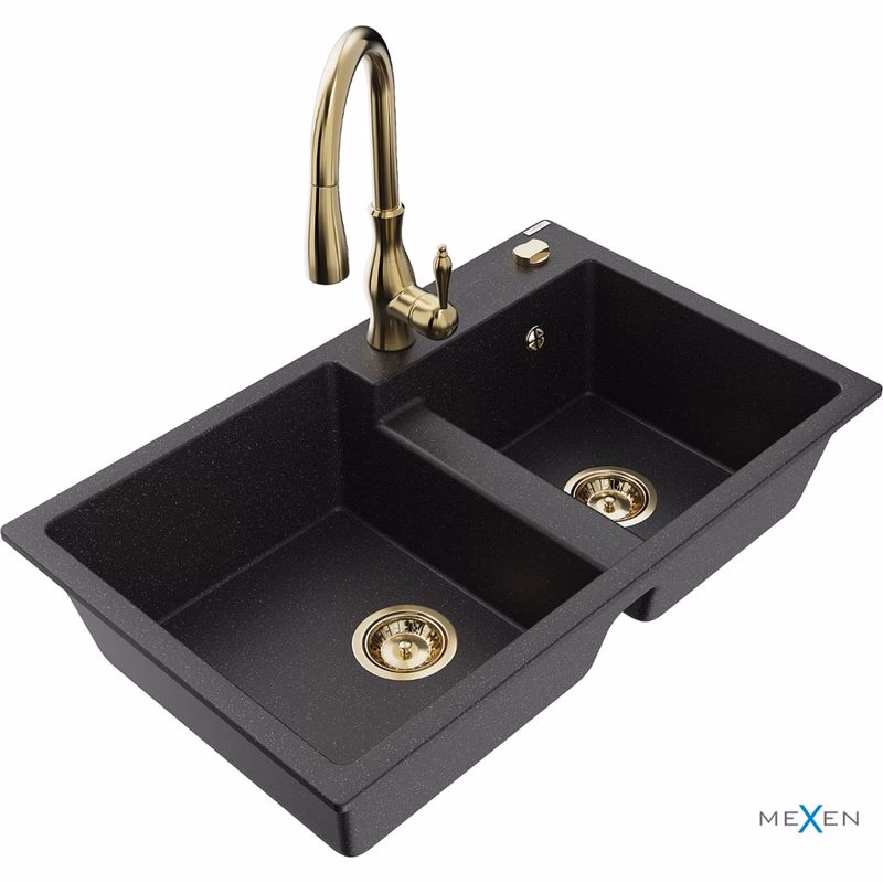 MEXEN/S MEXEN/S - Tomas granitový drez 2-bowl vrátane batérie Savita, čierna/strieborná metalík 6516-73-672601-50