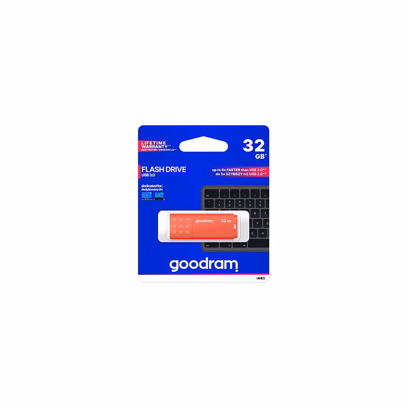 Goodram USB flash disk, USB 3.0, 32GB, UME3, oranžový, UME3-0320O0R11, USB A, s krytkou