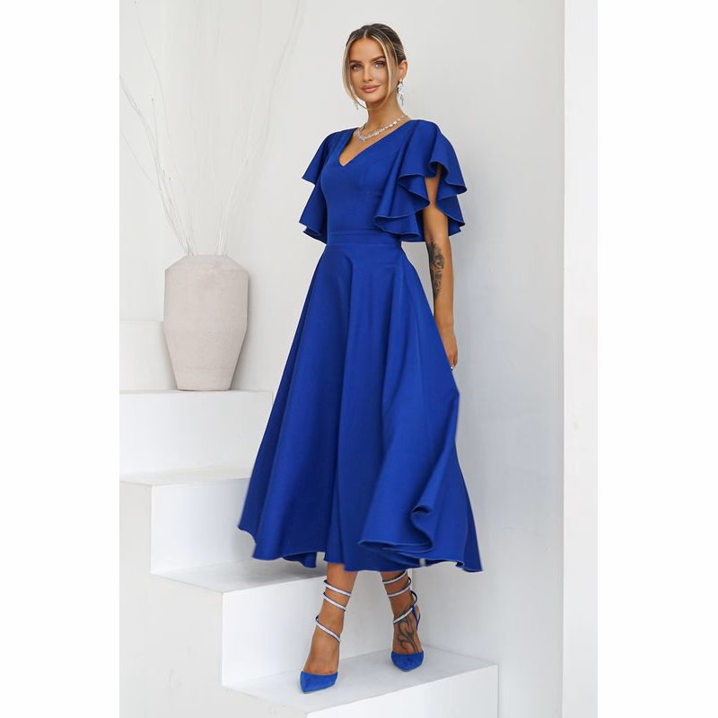 Warsaw Dress Modré midi šaty s volánovými rukávmi Veľkosť: S