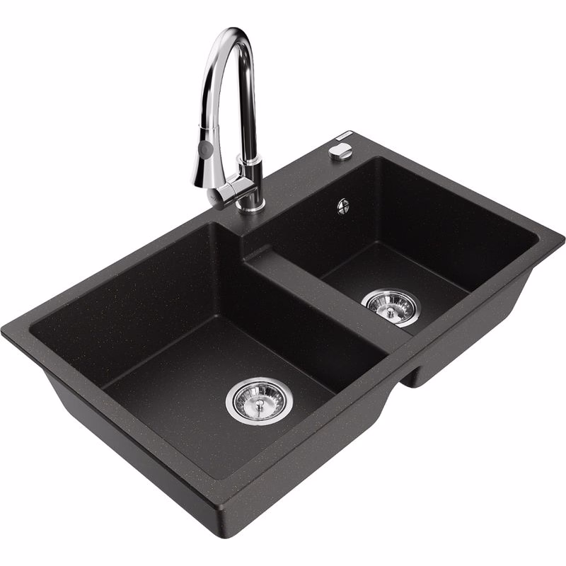 MEXEN/S MEXEN/S - Tomas granitový drez 2-bowl vrátane batérie Elia, čierna/zlatá metalik 6516-75-670101-00