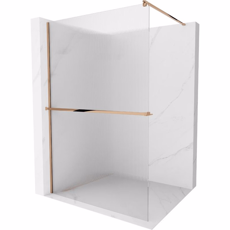 MEXEN/S - Kioto+ Sprchová zástena WALK-IN s poličkou a držiakom uterákov 120 x 200, prúžky 8 mm, růžové zlato 800-120-121-60-09