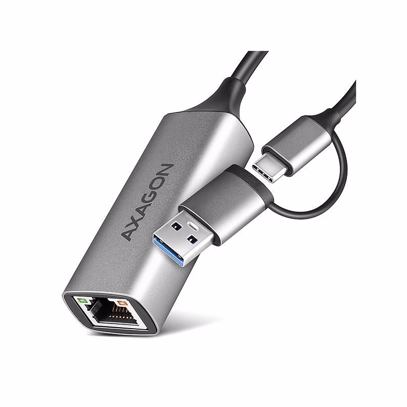 AXAGON ADE-TXCA, USB-C + USB-A 3.2 Gen 1 - Gigabit Ethernet sieťová karta, Asix AX88179, auto inštal