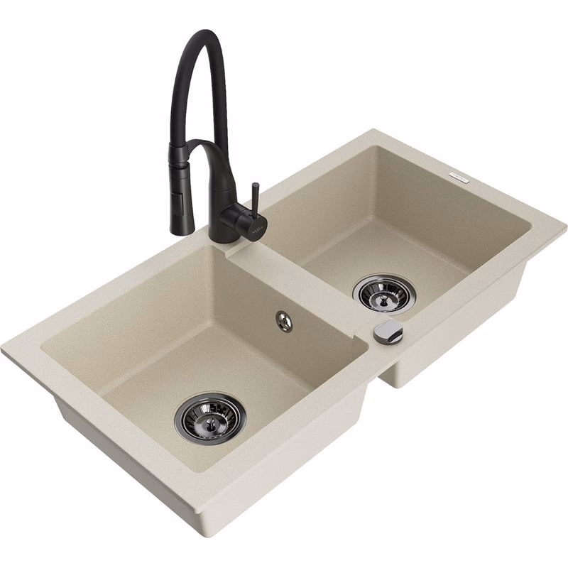 MEXEN/S MEXEN/S - Mario granitový drez 2-bowl vrátane batérie Aster, bážová 6504-69-73450-70-B