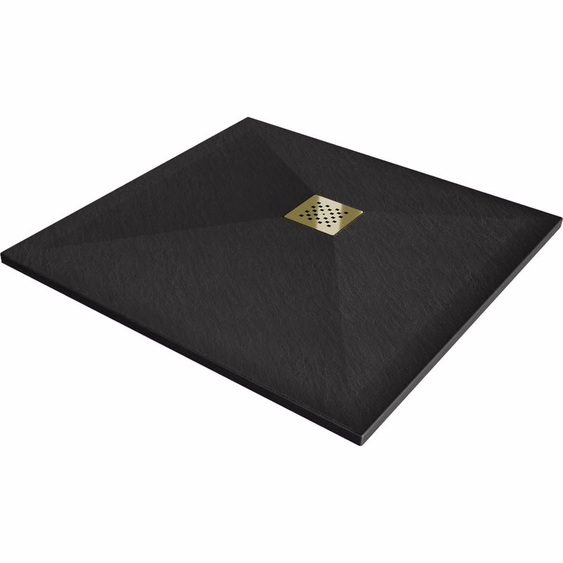 MEXEN/S - Stone+ štvorcová sprchová vanička 80 x 80, čierna, mriežka zlatá 44708080-G