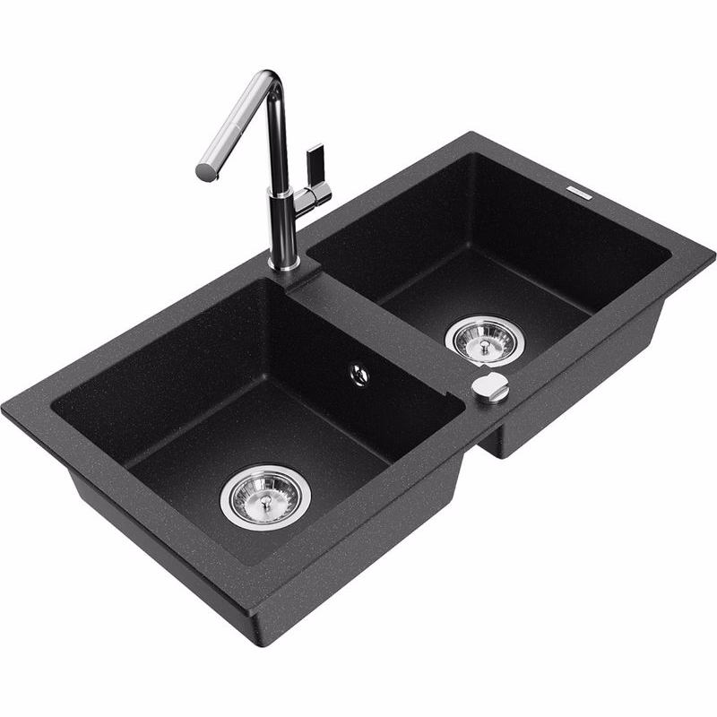 MEXEN/S MEXEN/S - Mario granitový drez 2-bowl vrátane batérie Flora, čierna/strieborná metalík 6504-73-670401-00