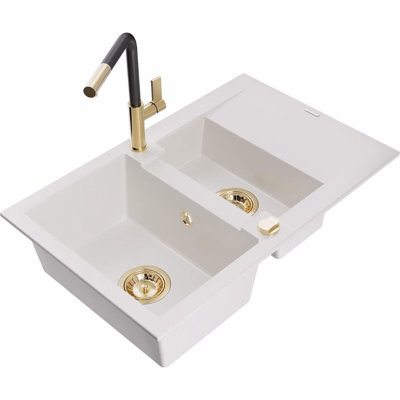 MEXEN/S MEXEN/S - Gaspar granitový drez 1.5 s odkvapkávačom vrátane batérie Flora, biela 6507-20-670401-57-G