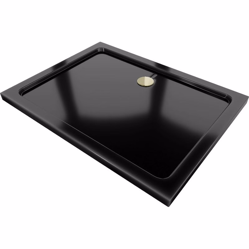 MEXEN/S - Flat sprchová vanička obdĺžniková slim 140 x 100, čierna + zlatý sifón 40701014G