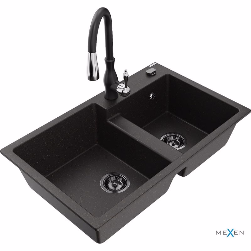 MEXEN/S MEXEN/S - Tomas granitový drez 2-bowl vrátane batérie Savita, čierna/zlatá metalik 6516-75-672601-70-B