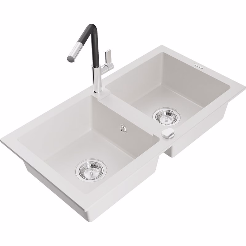 MEXEN/S MEXEN/S - Mario granitový drez 2-bowl vrátane batérie Flora, biela 6504-20-670401-07
