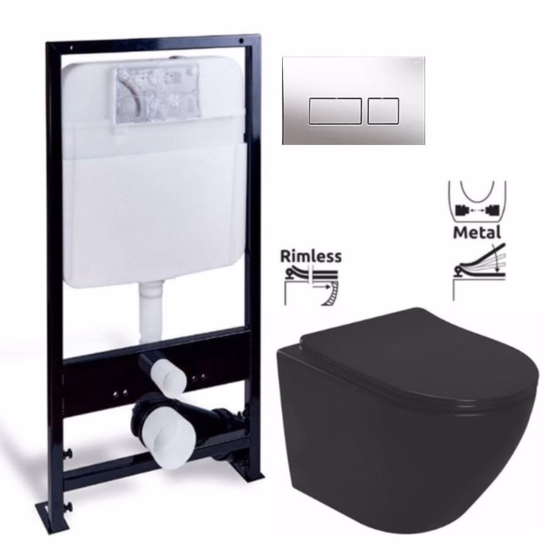 PRIM předstěnový instalační systém s chromovým tlačítkem 20/0041 + WC REA CARLO MINI RIMLESS ČIERNY MAT + SEDADLO PRIM_20/0026 41 MM1