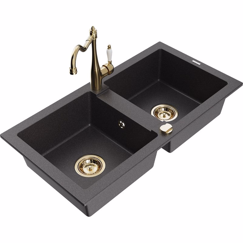 MEXEN/S MEXEN/S - Mario granitový drez 2-bowl vrátane batérie Carla, čierna kropenatá 6504-76-670700-50