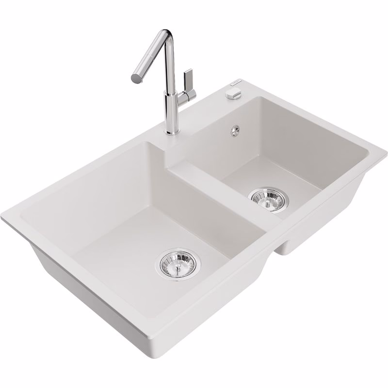 MEXEN/S MEXEN/S - Tomas granitový drez 2-bowl vrátane batérie Flora, biela 6516-20-670401-00