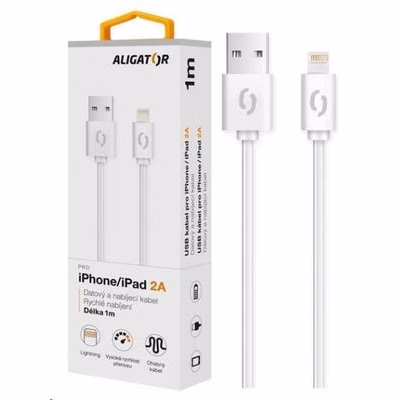 Aligator dátový a nabíjací kábel, konektor Lightning, 2A, 1m, biela