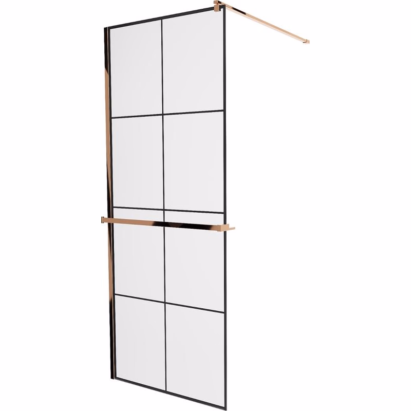 MEXEN/S - KIOTO Sprchová zástena WALK-IN s poličkou a držiakom uterákov 70 x 200, transparent/čierna 8 mm, růžové zlato 800-070-121-60-77