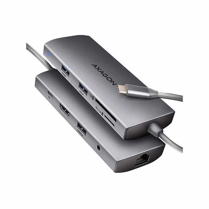 AXAGON HMC-8HLSA, USB 5Gbps húb, 3x USB-A, HDMI 4k/60Hz, RJ-45 GLAN, SD/microSD, audio, PD 100W, kábel USB-C 20cm