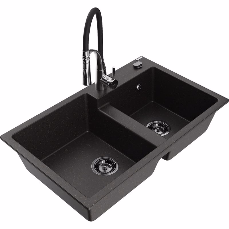 MEXEN/S MEXEN/S - Tomas granitový drez 2-bowl vrátane batérie Aster, čierna/zlatá metalik 6516-75-73450-07-B