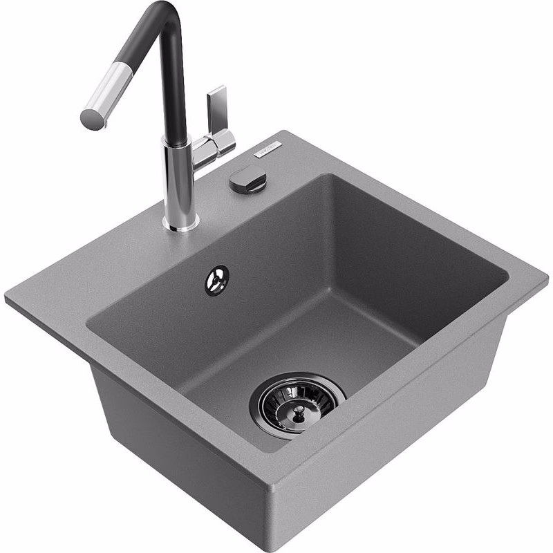 MEXEN/S MEXEN/S - Milo granitový drez 1-miska vrátane batérie Flora, šedá 6505-71-670401-07-B