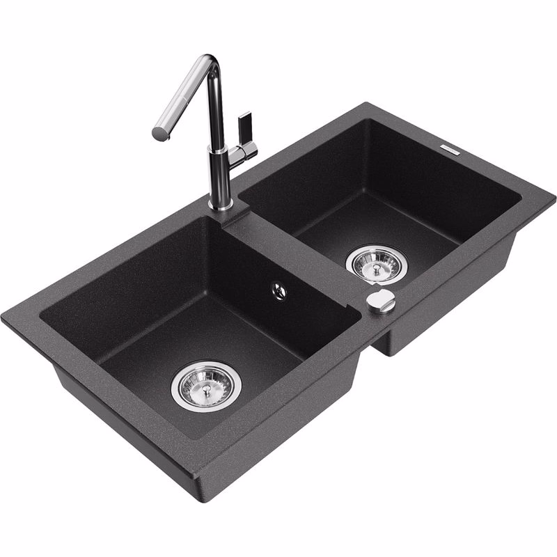 MEXEN/S MEXEN/S - Mario granitový drez 2-bowl vrátane batérie Flora, čierna kropenatá 6504-76-670401-00