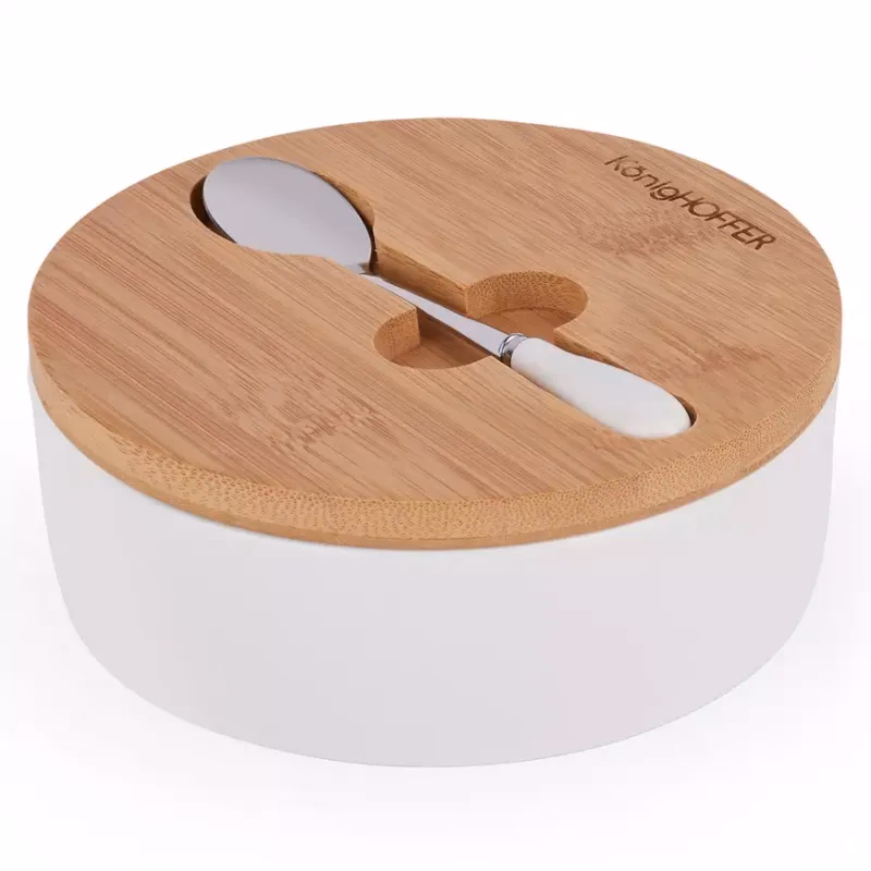 Keramická cukornička s bambusovým vekom 14,5x5 cm biela + lyžička
