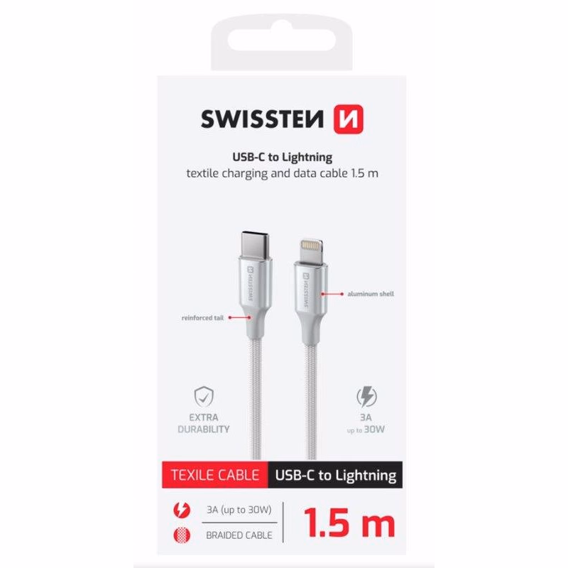 SWISSTEN DÁTOVÝ KÁBEL TEXTILE II USB-C / LIGHTNING 1,5 M BIELÝ